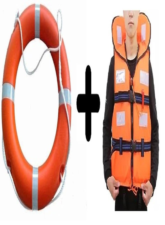 TheMujtaba Life Buoy Ring Outer Material Hard PolyurethaneRubber Floating Ring & Life Jacket Polyster Fabric for Adult Safety Jacket Along with Whistle for Swimming, Boating, (Combo Pack) - Image 1